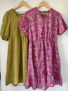 Cottagecore Dress Bundle Olive Puff Sleeve and Floral Keyhole Dress Size M and L